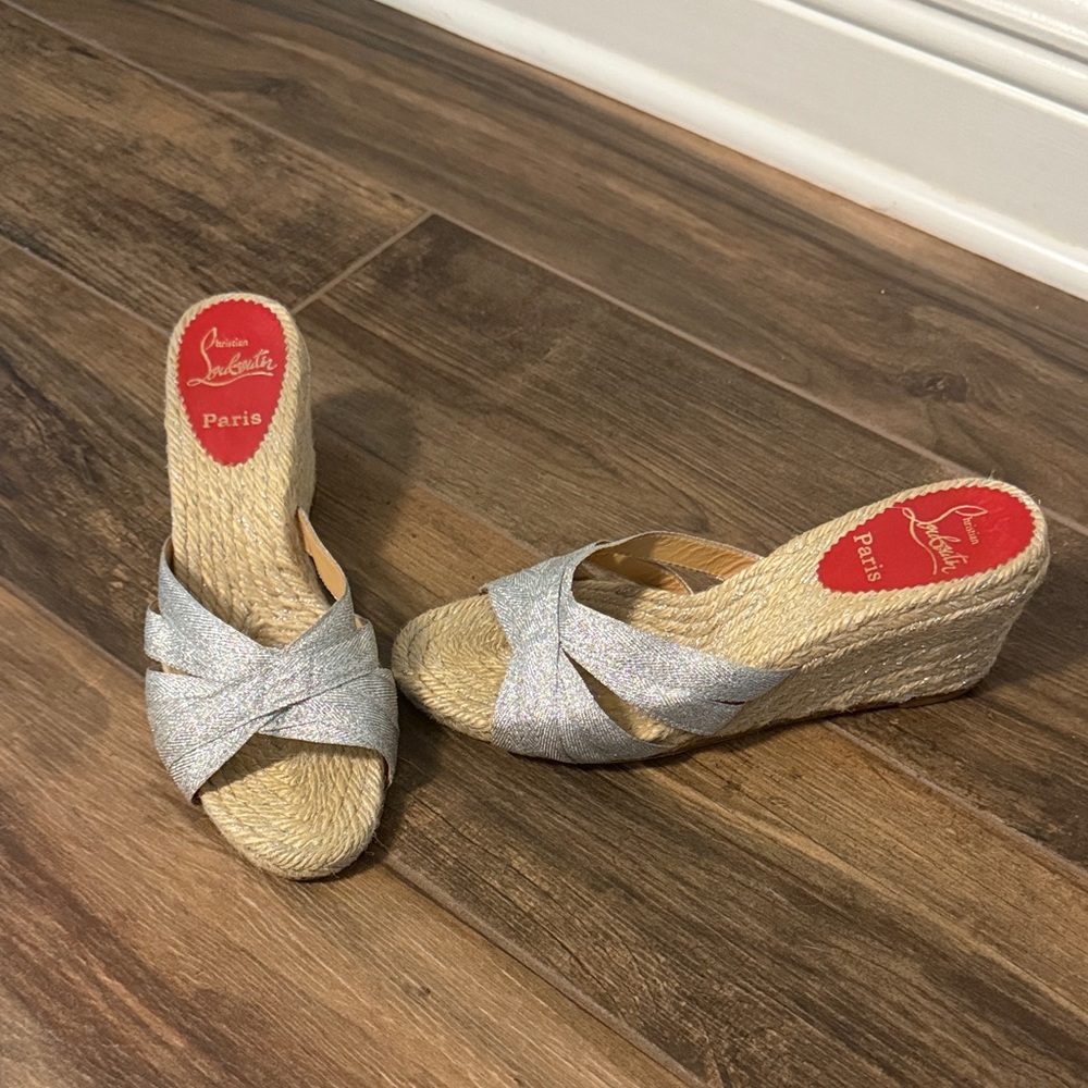Christian Louboutin Glittering Silver Espadrille Wedges